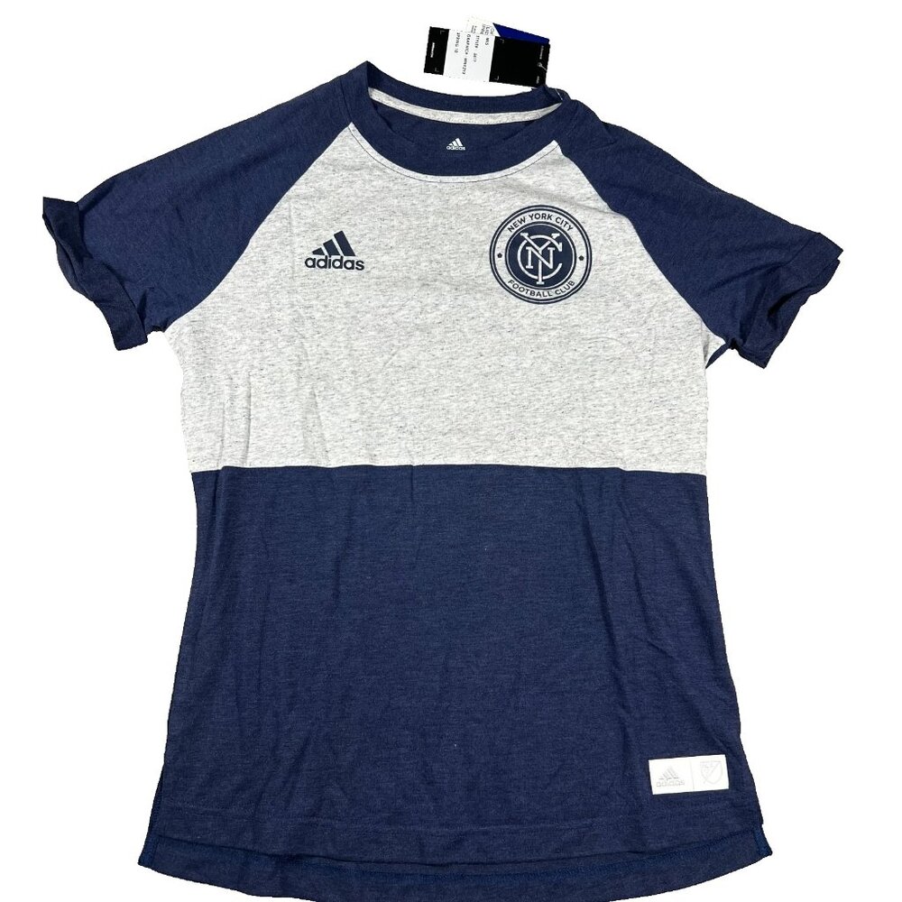 Adidas Womens Small Blue Gray Crew Neck NYC Football Club MLS Soccer T-Shirt NWT